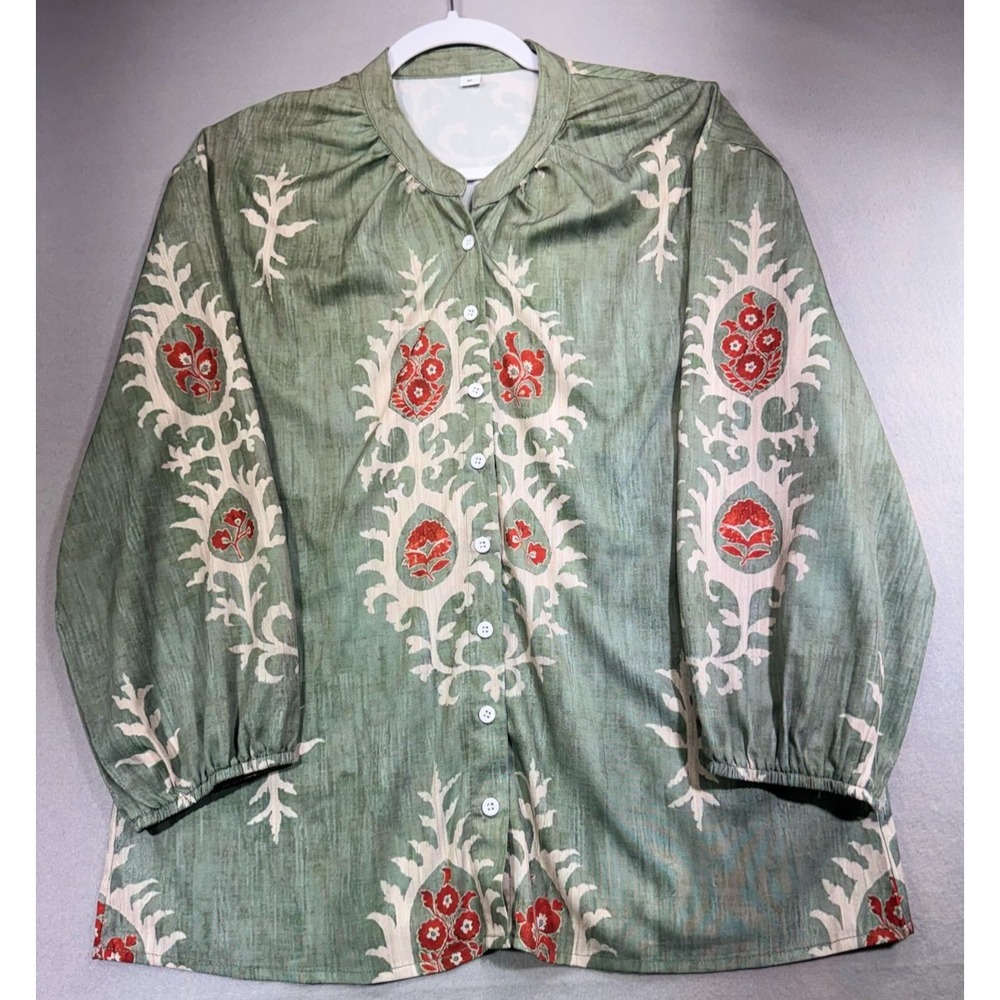 Unbranded Women's XL Boho Sage Green Floral Button Front Blouse Long Sleeve Top